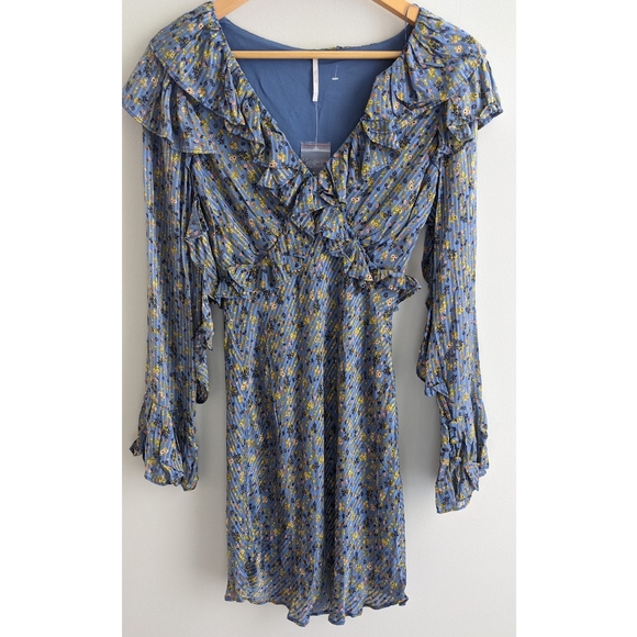 New WOT Free People Sweetest Thing Mini Floral Dress in Blue - Picture 5 of 16